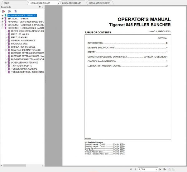 Tigercat 845 Feller Buncher 8450101 8450475 Operator Service Manual 2