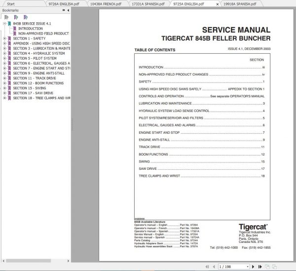 Tigercat 845B Feller Buncher 8450501 8451499 Operator Service Manual 1