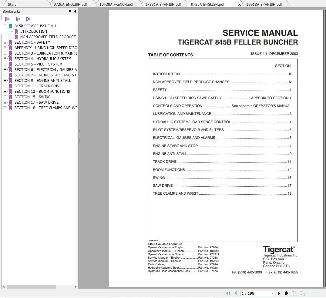 Tigercat 845B Feller Buncher 8450501 8451499 Operator Service Manual 1