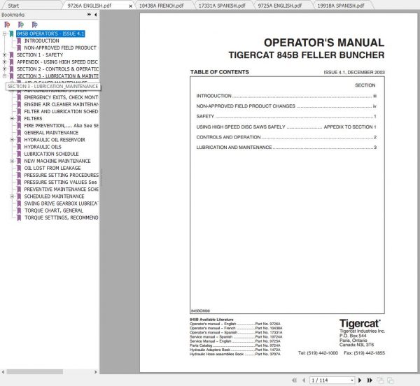 Tigercat 845B Feller Buncher 8450501 8451499 Operator Service Manual 2