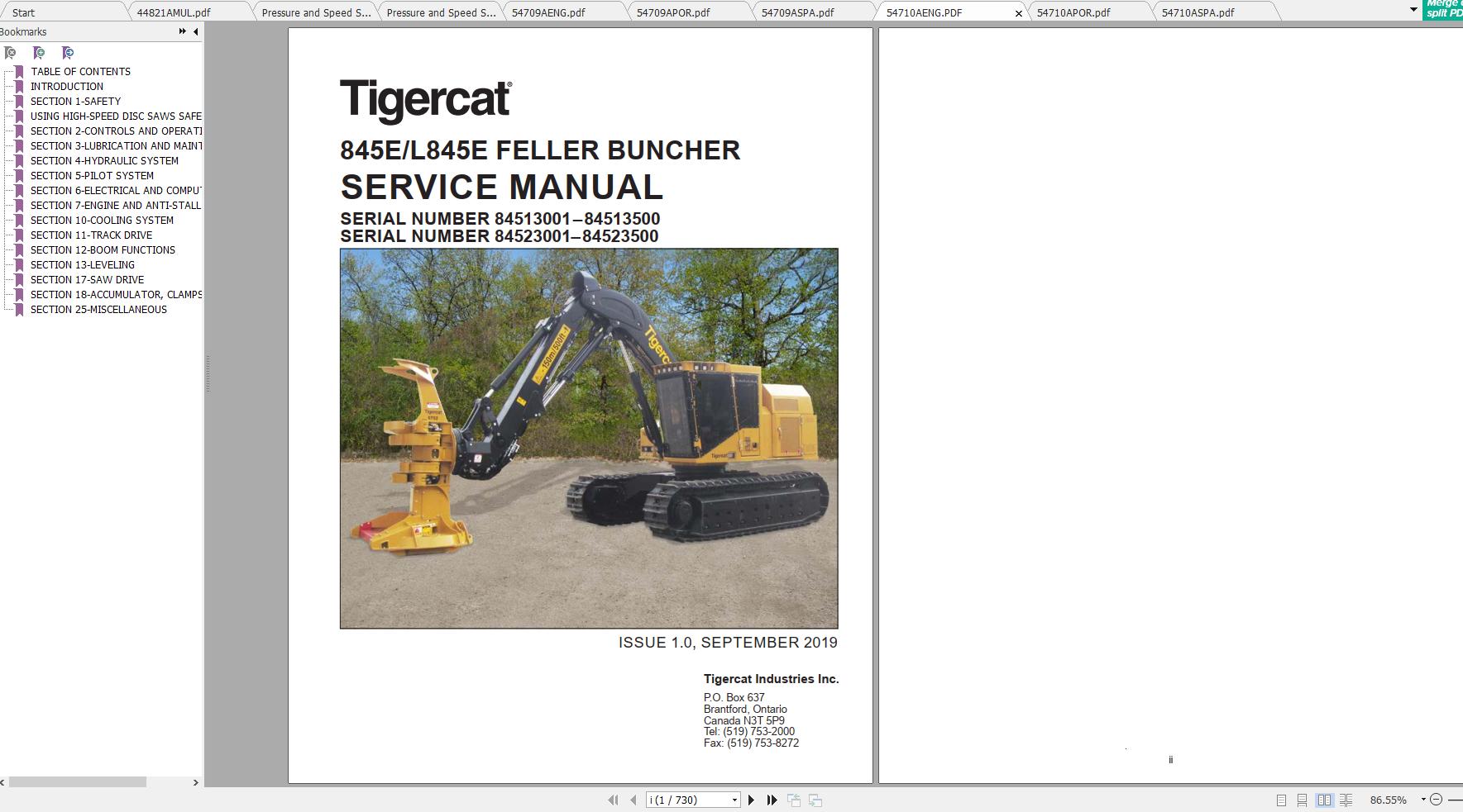 Tigercat 845E L845E Feller Buncher 84513001 84513500 Operator Service Manual 1