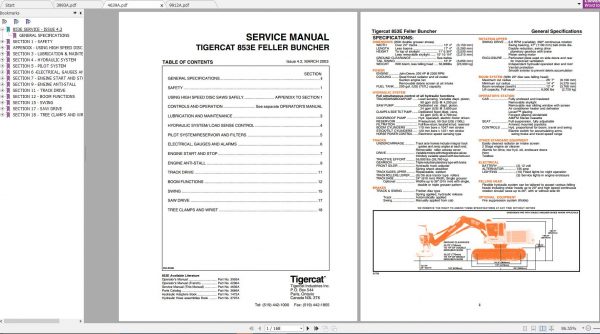 Tigercat 853E Feller Buncher 853T393 853T499 Operator Service Manual 1
