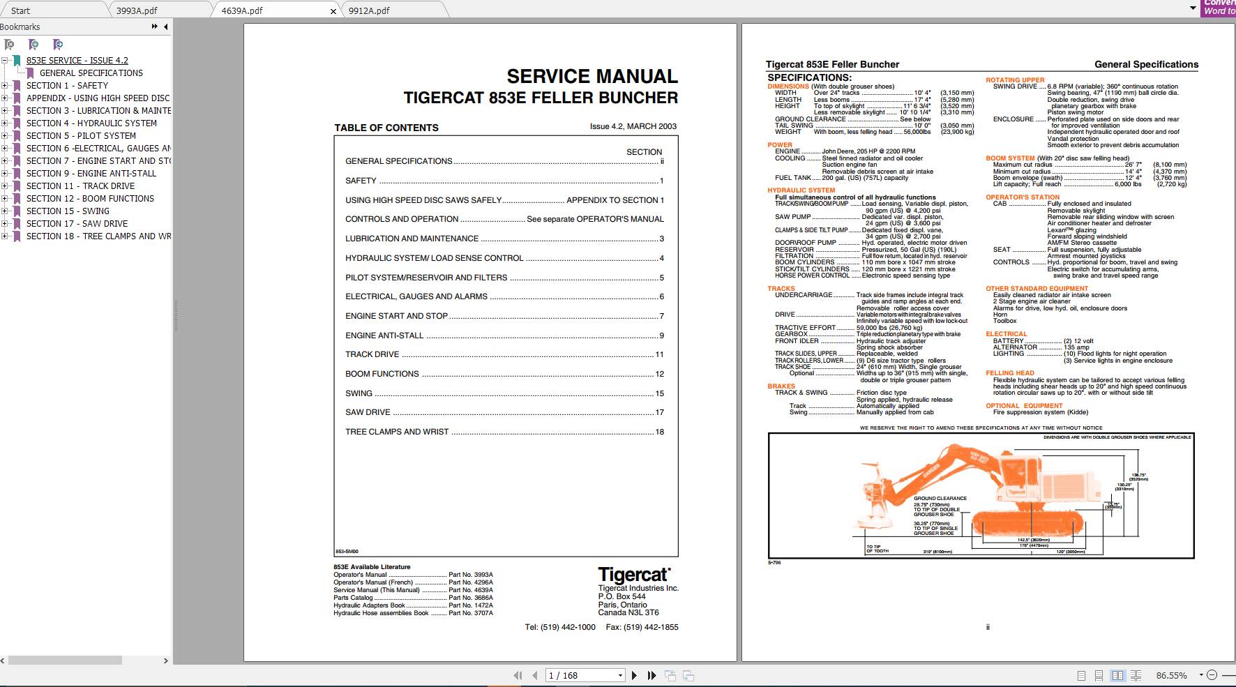 Tigercat 853E Feller Buncher 853T393 853T499 Operator Service Manual 1