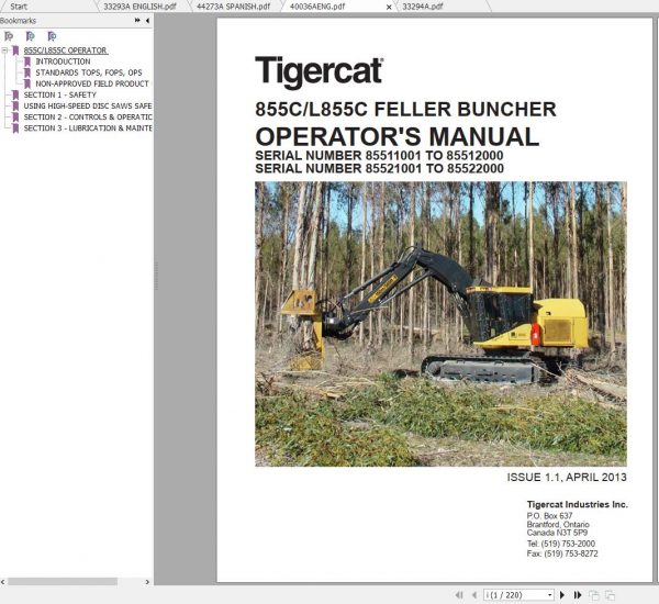 Tigercat 855C L855C Feller Buncher 85510101 85512000 Operator Service Manual 2
