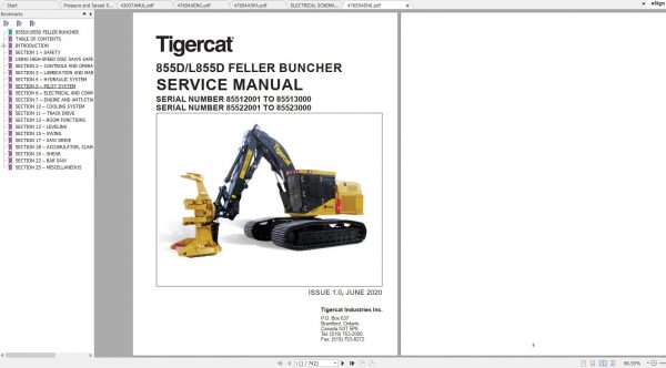 Tigercat 855D L855D Feller Buncher 85512001 85513000 Operator Service Manual 1
