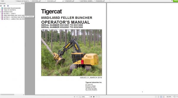 Tigercat 855D L855D Feller Buncher 85512001 85513000 Operator Service Manual 2