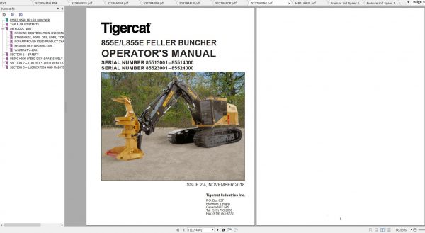 Tigercat 855E L855E Feller Buncher 85513001 85514000 Operator Service Manual 2