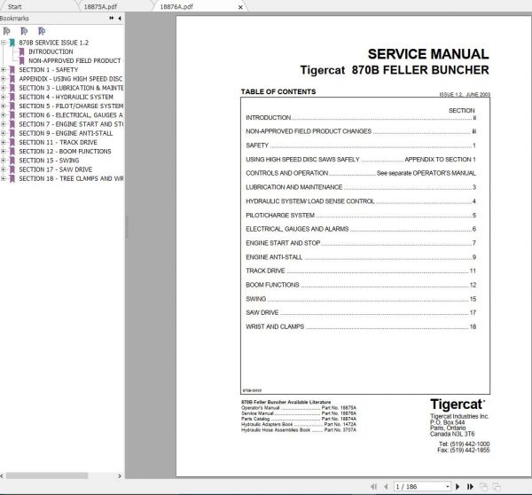 Tigercat 870B Feller Buncher 8700501 8700999 Operator Service Manual 1