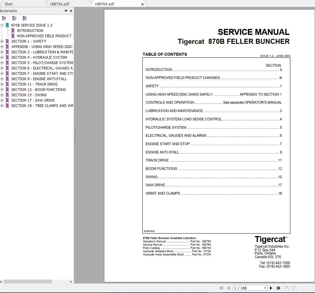 Tigercat 870B Feller Buncher 8700501 8700999 Operator Service Manual 1
