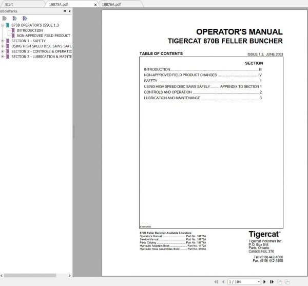 Tigercat 870B Feller Buncher 8700501 8700999 Operator Service Manual 2