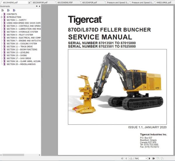 Tigercat 870D L870D Feller Buncher 87013501 87015000 Operator Service Manual 1