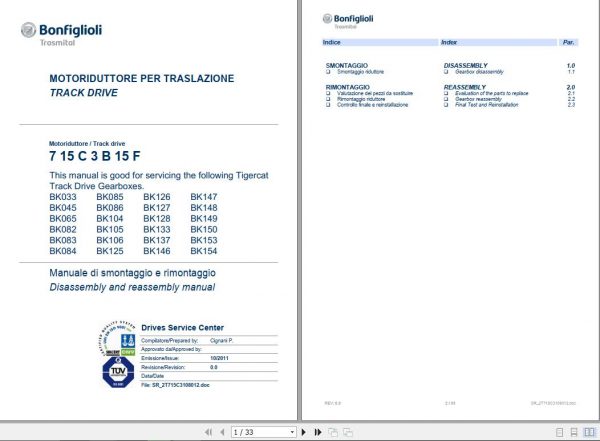 Tigercat Bonfiglioli Track Gearbox 715C3B15F Disassembly and Reassembly Manual 1