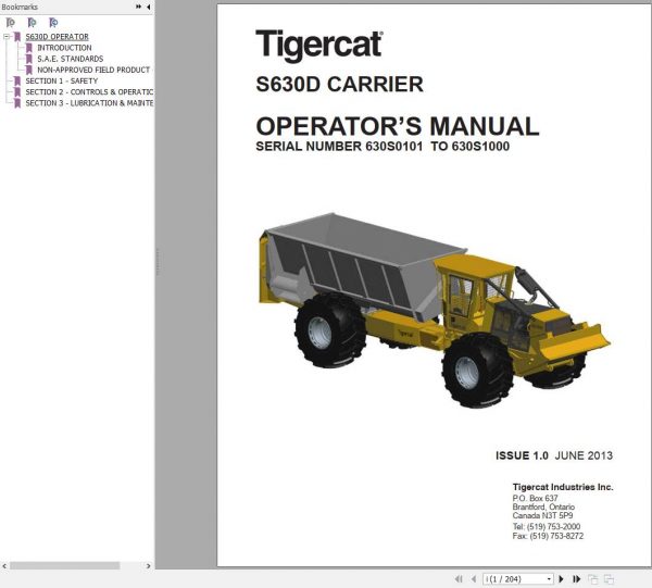 Tigercat Carrier S630D 630S0101 630S1000 Operator Manual 1