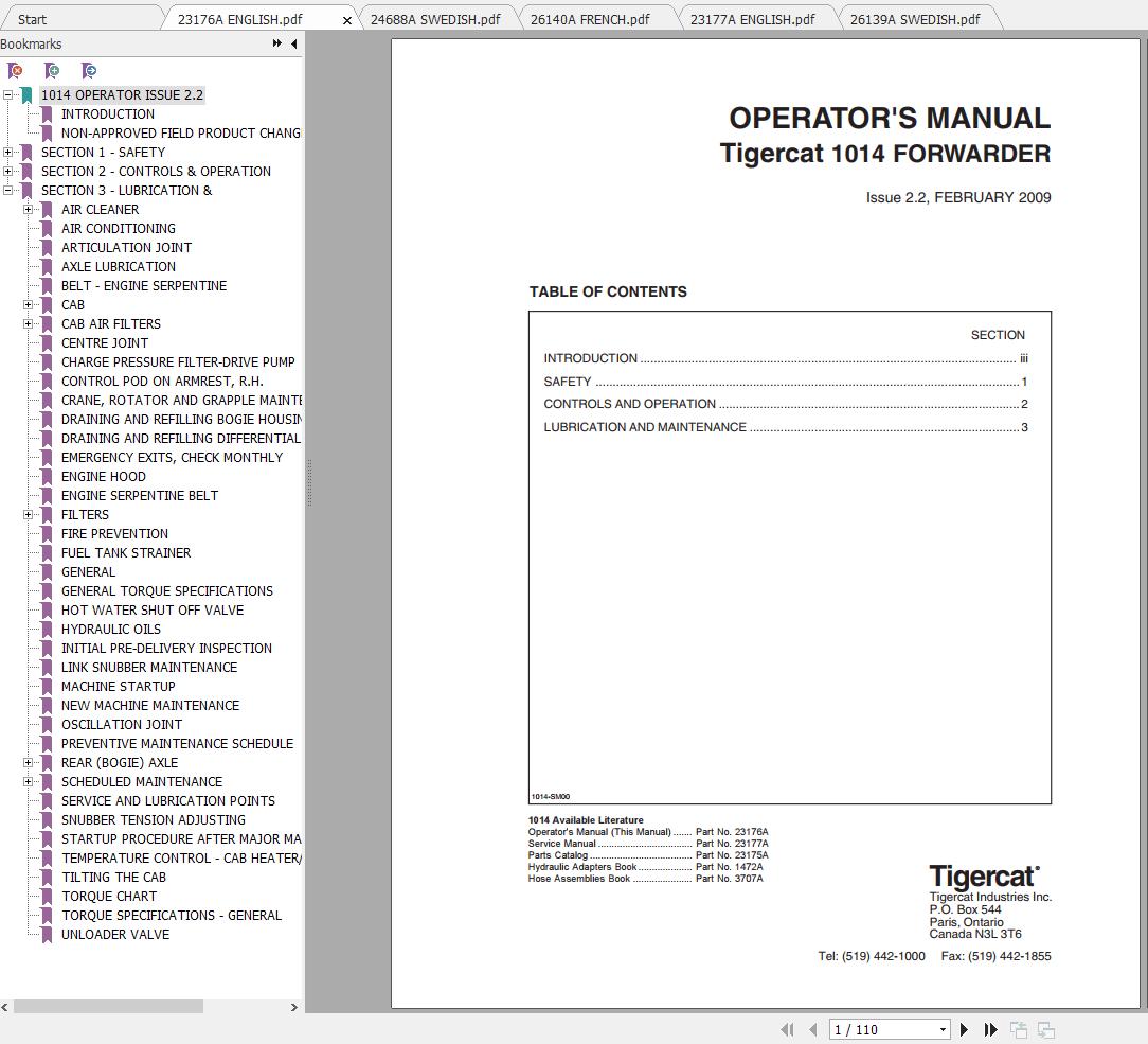 Tigercat Forwarder 1014 10140101 10140500 Operator Service Manual 1
