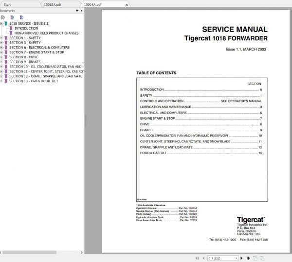 Tigercat Forwarder 1018 10180101 10180499 Operator Service Manual 1