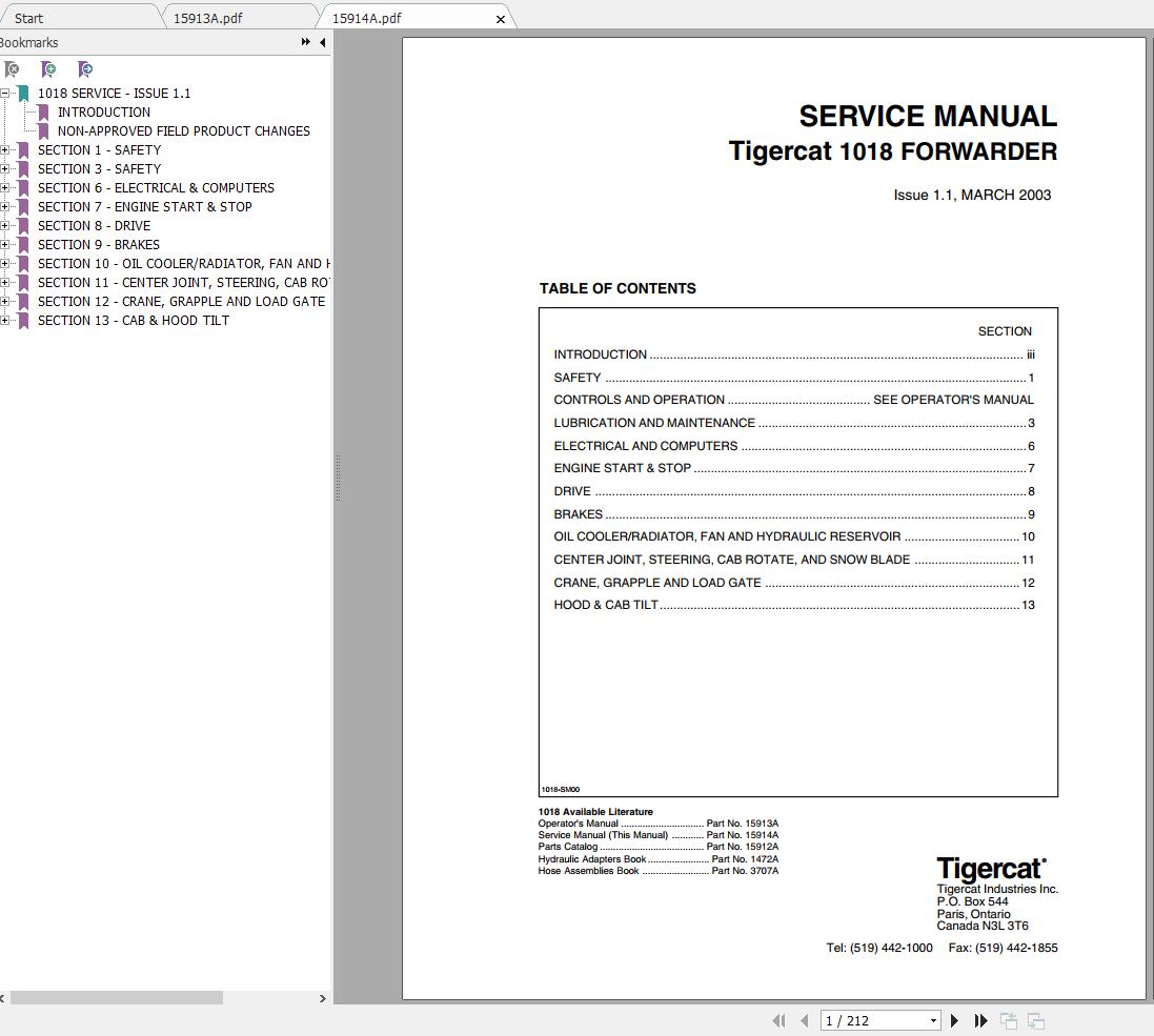 Tigercat Forwarder 1018 10180101 10180499 Operator Service Manual 1