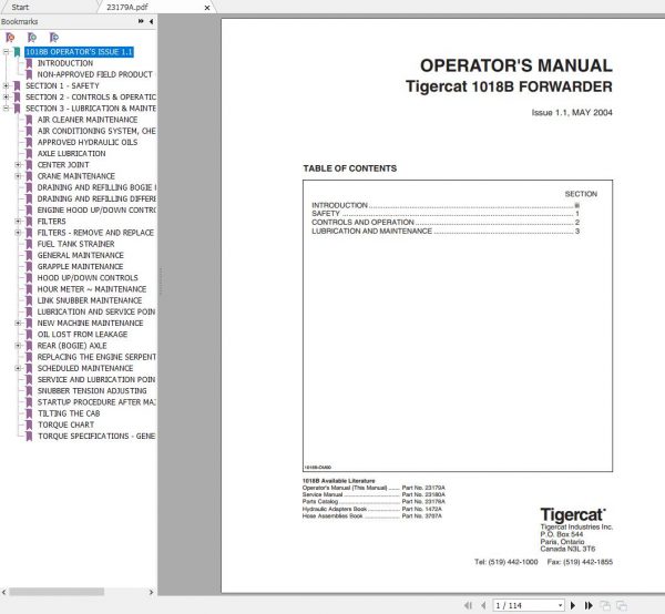 Tigercat Forwarder 1018B 10180501 10180599 Operator Manual 1