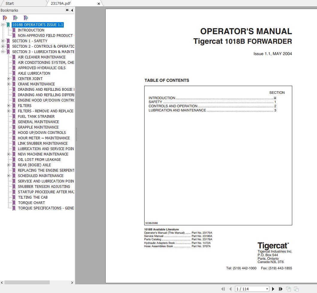 Tigercat Forwarder 1018B 10180501 10180599 Operator Manual 1