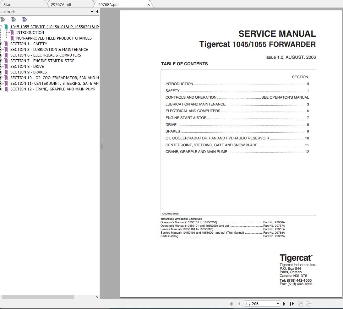 Tigercat Forwarder 1045 10450101 10450300 Operator Service Manual 1