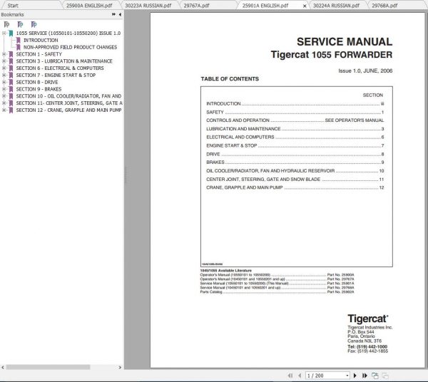 Tigercat Forwarder 1055 10550101 10550300 Operator Service Manual 1