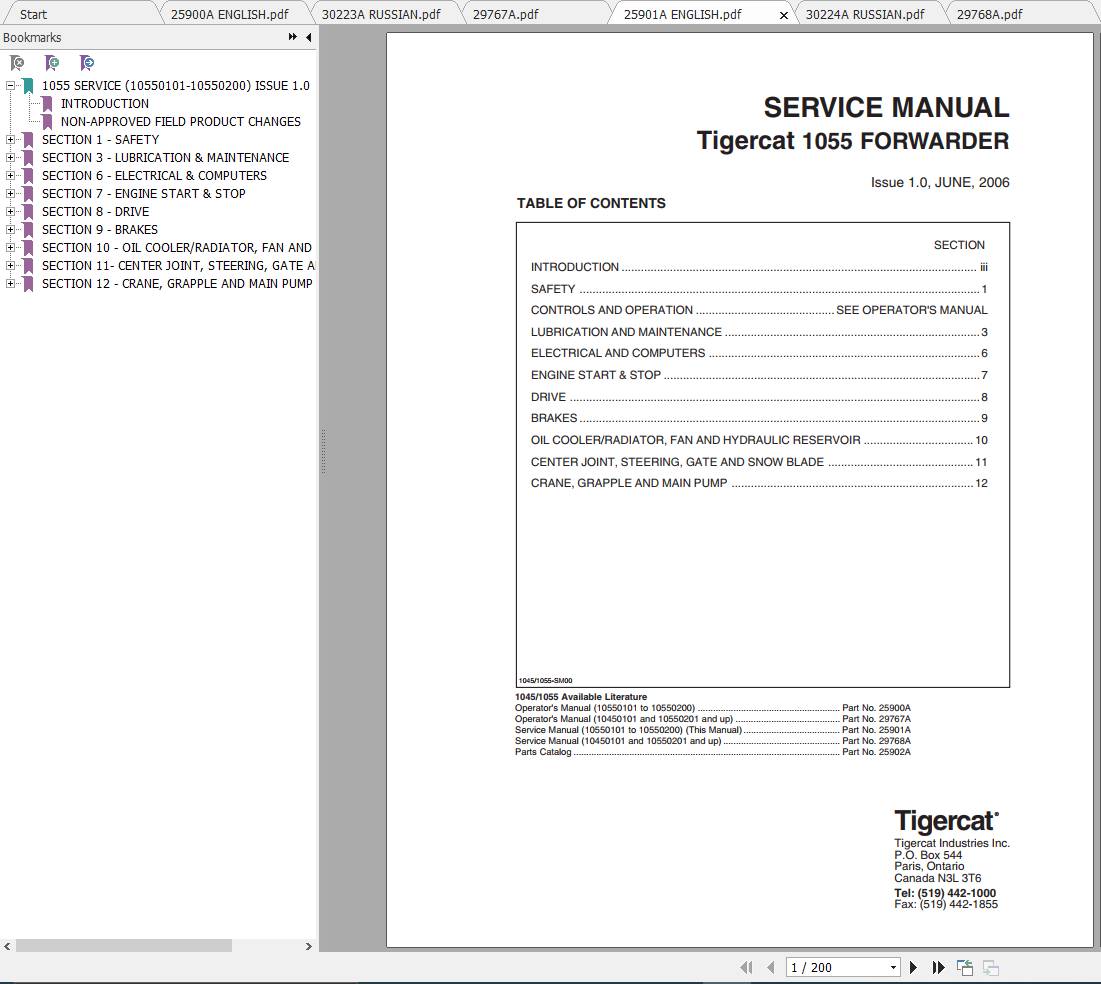 Tigercat Forwarder 1055 10550101 10550300 Operator Service Manual 1