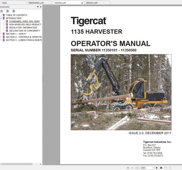 Tigercat Harvester 1135 11350101 11350500 Operators Manual 1
