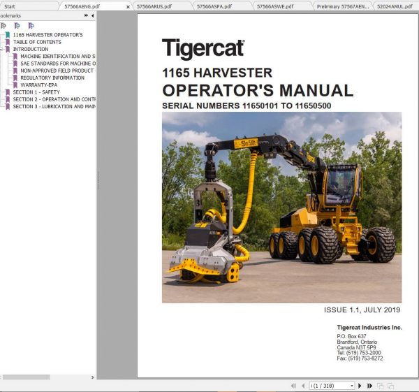 Tigercat Harvester 1165 11650101 11650500 Operators Service Manual 1