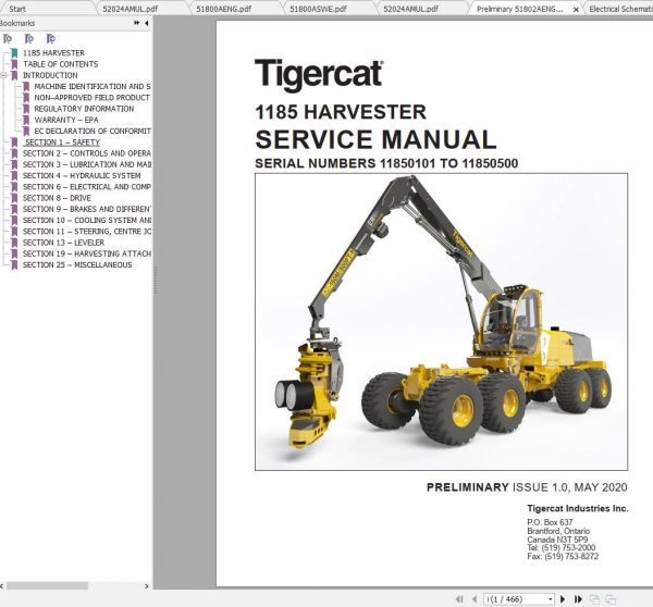 Tigercat Harvester 1185 11850101 11850500 Operators Service Manual 1