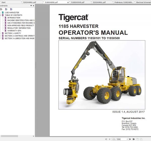 Tigercat Harvester 1185 11850101 11850500 Operators Service Manual 2