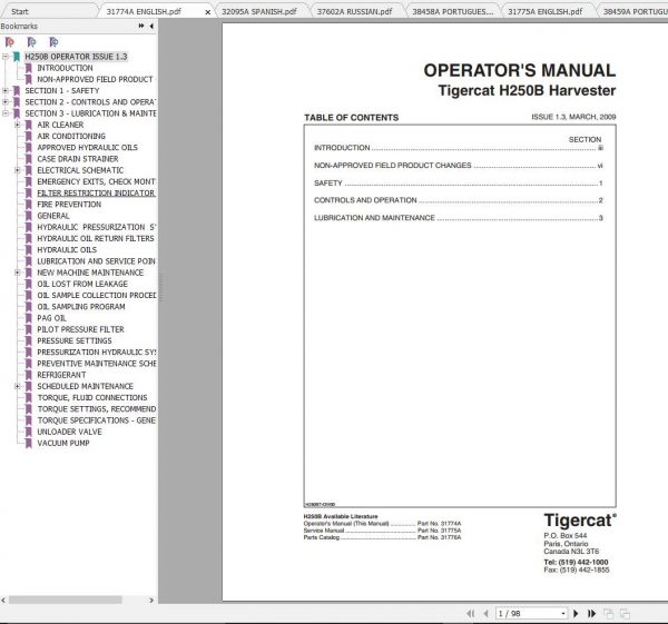 Tigercat Harvester H250B 250H0101 250H2000 Operators Service Manual 1
