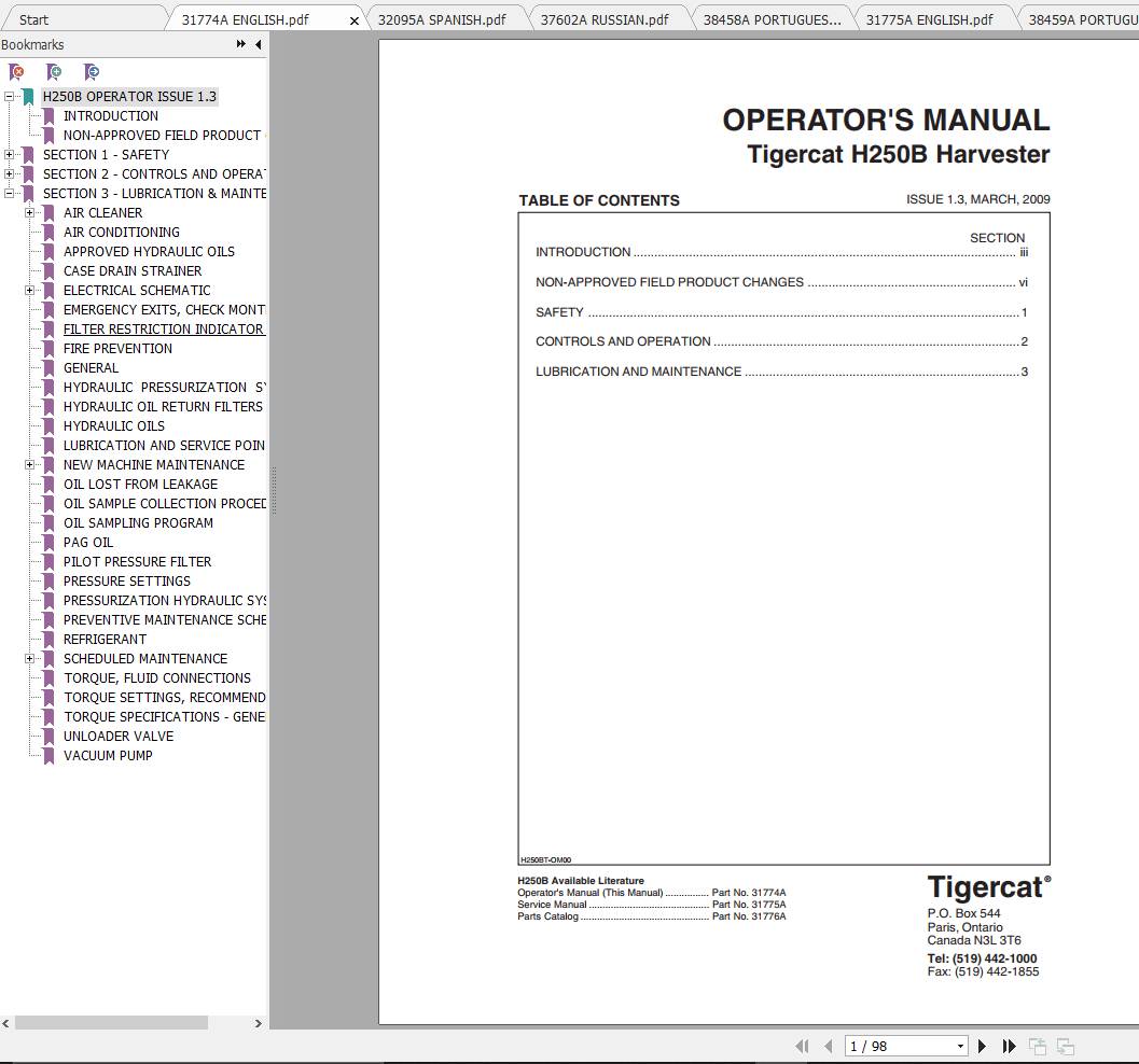 Tigercat Harvester H250B 250H0101 250H2000 Operators Service Manual 1