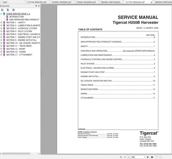 Tigercat Harvester H250B 250H0101 250H2000 Operators Service Manual 2