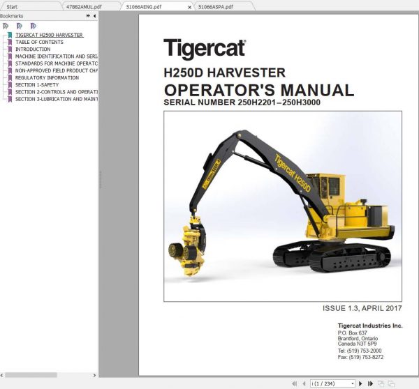 Tigercat Harvester H250D 250H2201 250H3000 Operators Manual 1