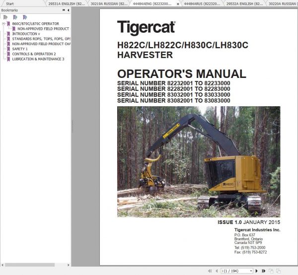Tigercat Harvester H822C LH822C H830C LH830C 82231001 83083000 Operators Service Manual 1