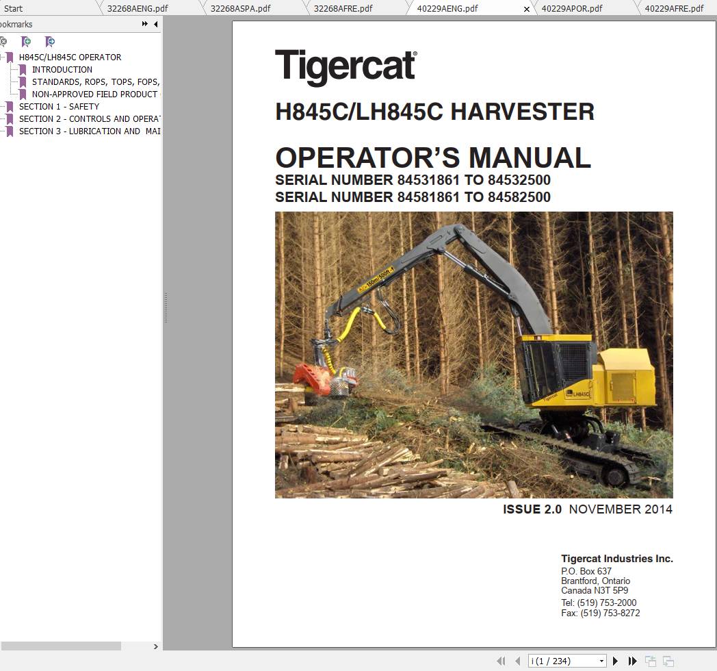 Tigercat Harvester H845C LH845C 84531501 84582500 Operators Service Manual 1