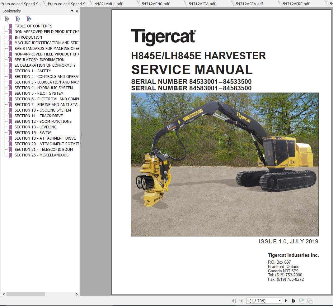 Tigercat Harvester H845E LH845E 84533001 84583500 Operators Service Manual 1