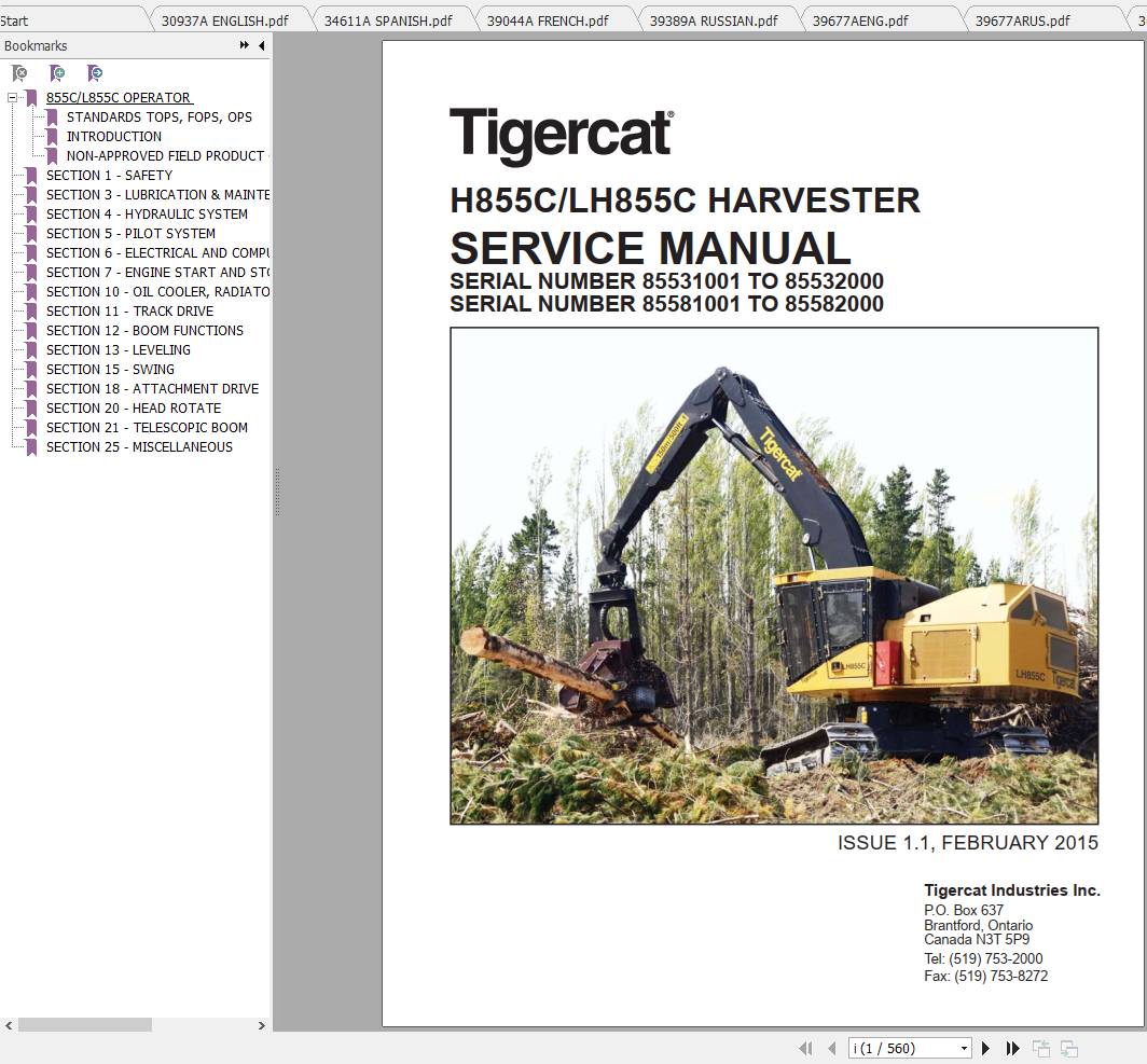 Tigercat Harvester H855C LH855C 85530101 85582000 Operators Service Manual 1