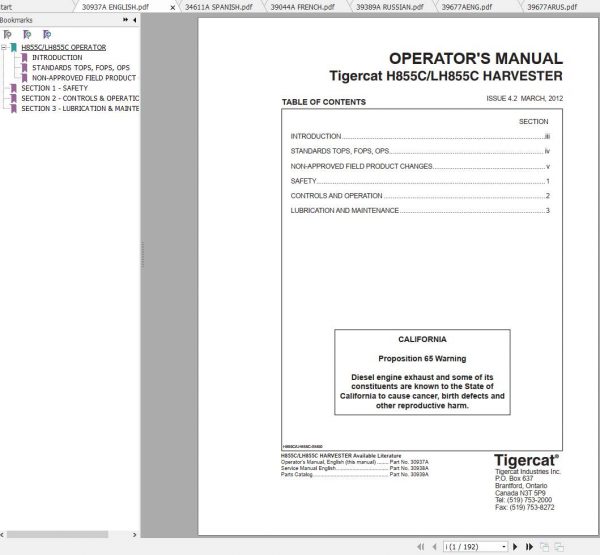 Tigercat Harvester H855C LH855C 85530101 85582000 Operators Service Manual 2