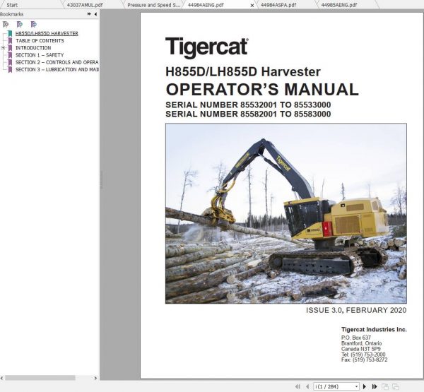 Tigercat Harvester H855D LH855D 85532001 85583000 Operators Service Manual 2