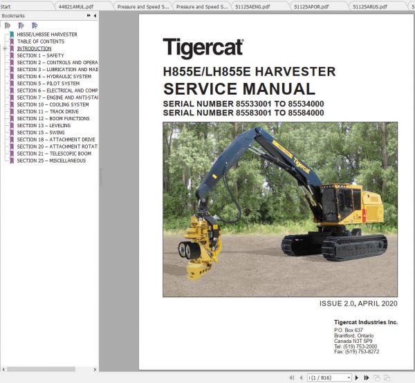 Tigercat Harvester H855E LH855E 85533001 85584000 Operators Service Manual 2
