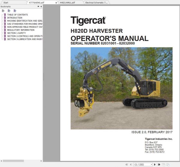 Tigercat Harvester LH820D 82081001 82082000 Operators Manual 1