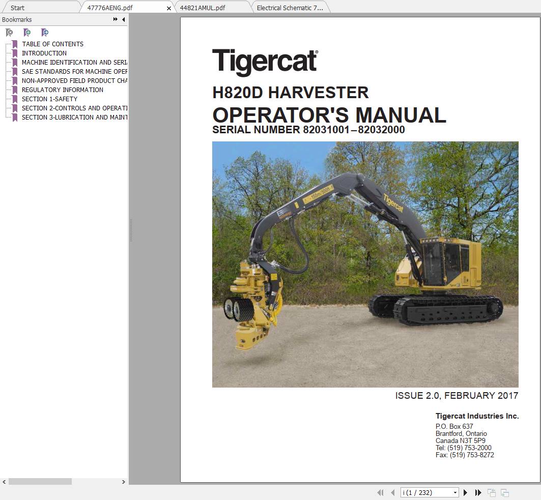 Tigercat Harvester LH820D 82081001 82082000 Operators Manual 1