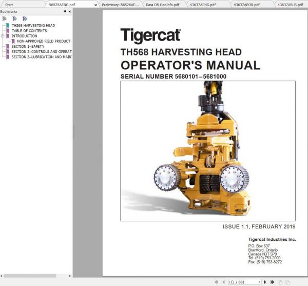 Tigercat Harvesting Head TH568 5680101 5681000 Operators Service Manual 1