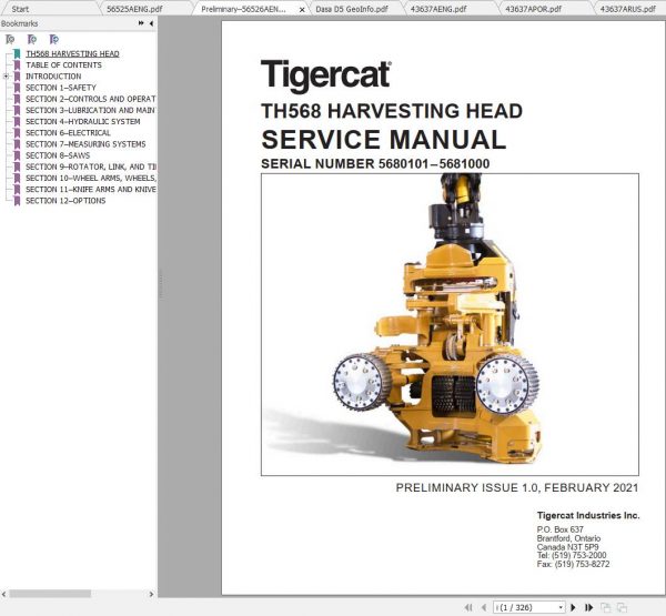 Tigercat Harvesting Head TH568 5680101 5681000 Operators Service Manual 2