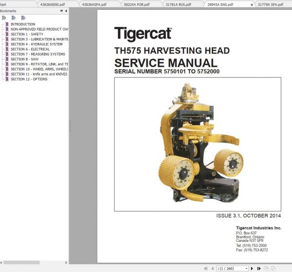 Tigercat Harvesting Head TH575 5750101 5752000 Operators Service Manual 1