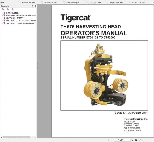 Tigercat Harvesting Head TH575 5750101 5752000 Operators Service Manual 2