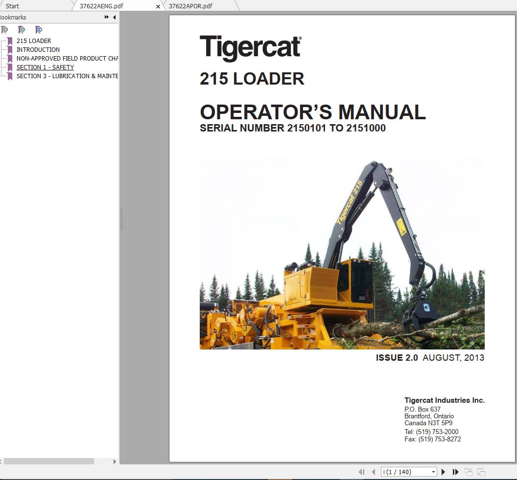 Tigercat Loader 215 2150101 2151000 Operators Manual 1