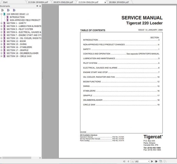 Tigercat Loader 220 2200111 2200500 Operators Service Manual 1