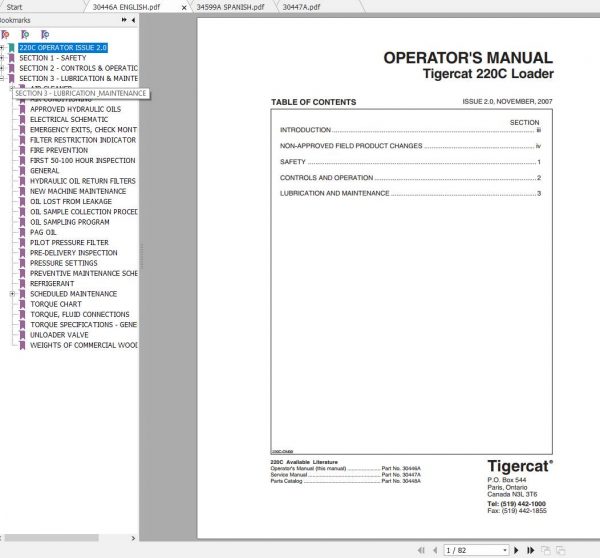 Tigercat Loader 220C 2200501 2200600 Operators Service Manual 2
