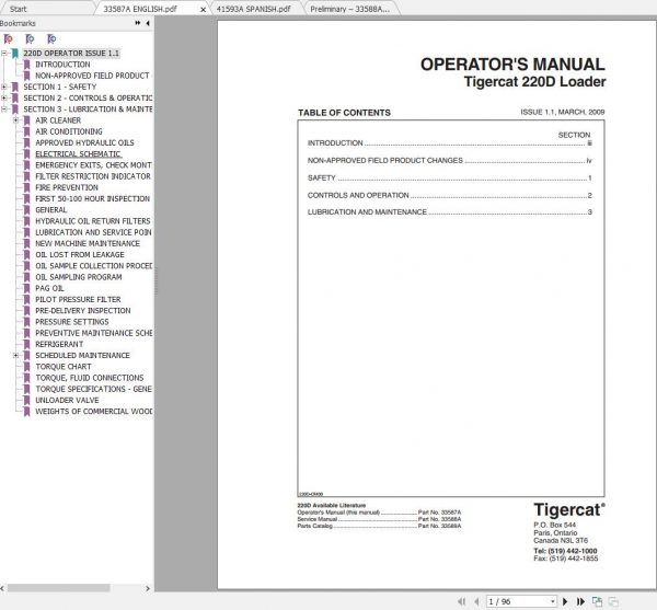 Tigercat Loader 220D 2200601 2201000 Operators Service Manual 1